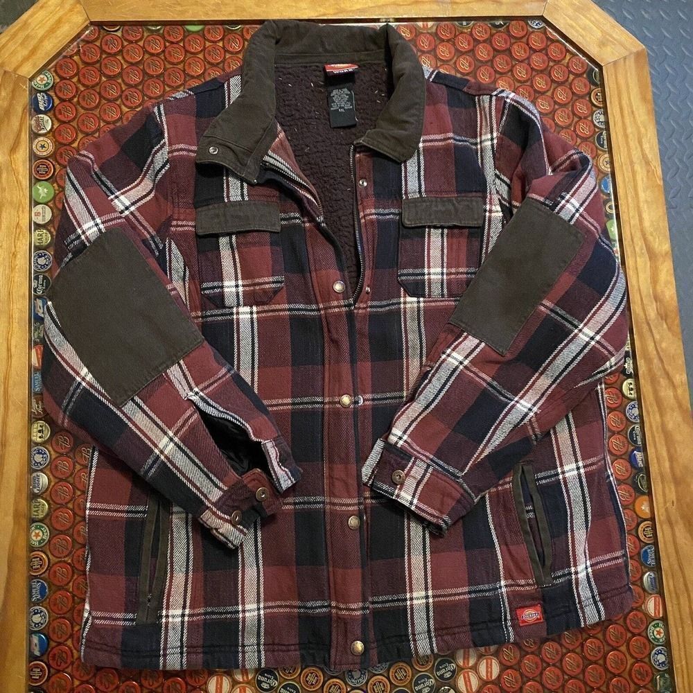 Dickies Jacket Men XXL Red Plaid Snap And Zip Fleece Lined Work Chore Jacket